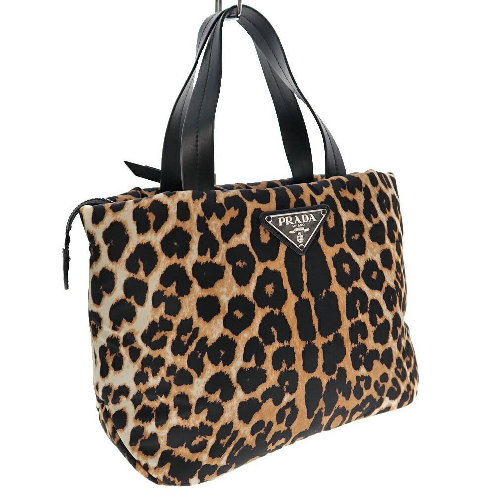 PRADA Bag Leather Black Beige Brown Leopard Handbag Shoulder